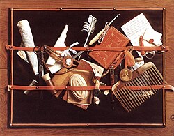 Samuel van Hoogstraten, Feigned Letter Rack with Writing Implements (c. 1655)