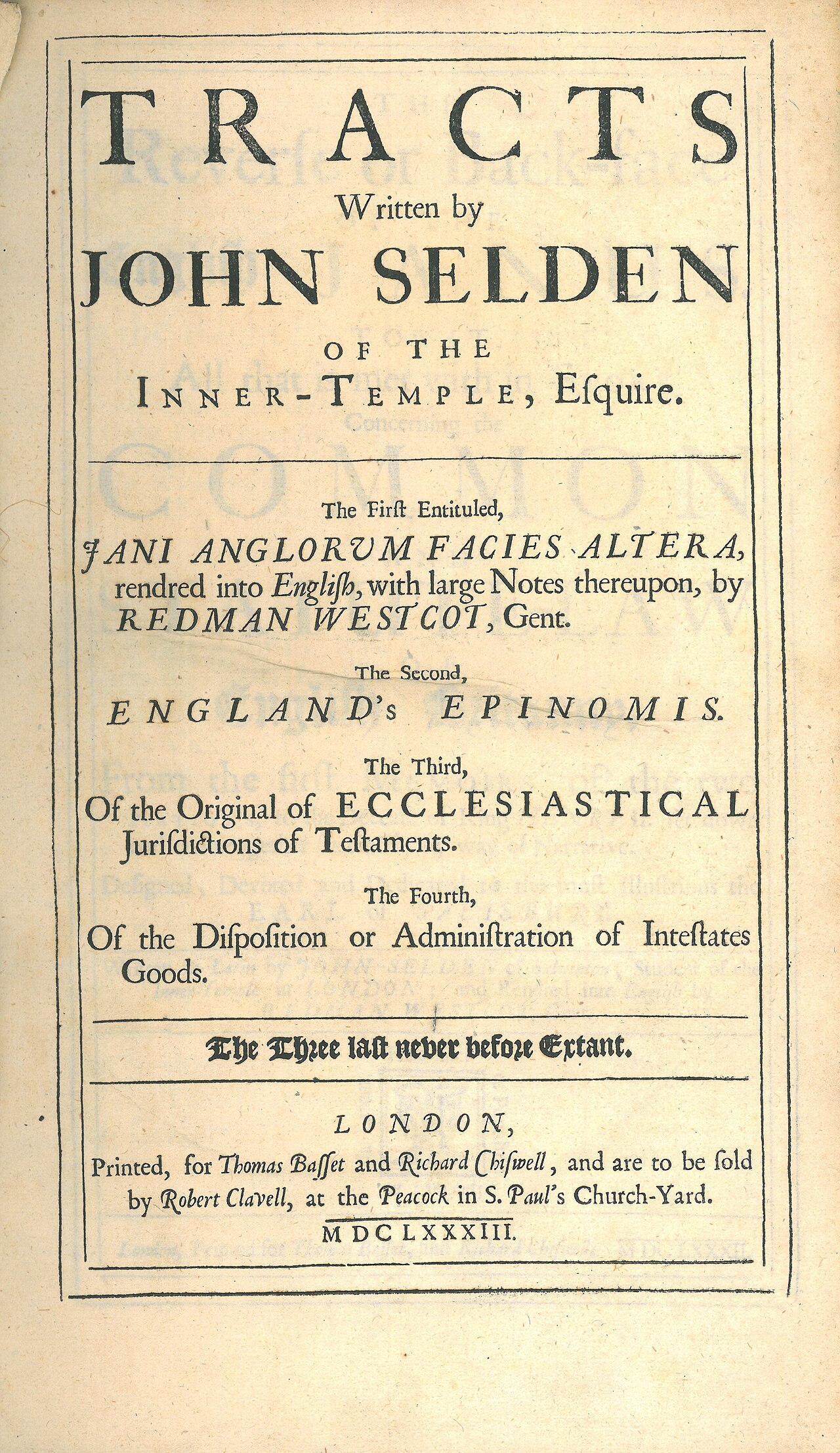 John Selden, Tracts Written by John Selden of the Inner-Temple, Esquire (1st ed, 1683, title page).jpg