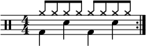 \new Staff <<
\new voice \relative c' {
\clef percussion
\numericTimeSignature
\time 4/4
\set Score.tempoHideNote = ##t \tempo 4 = 100
\stemDown \repeat volta 2 { g4 d' g, d' }
}
\new voice \relative c'' {
\override NoteHead.style = #'cross
\stemUp \repeat volta 2 { a8 a a a a a a a }
}
>>