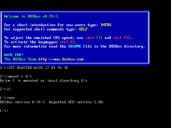 A command-line interface with a blue text box, followed by a command line. The text box contains text welcoming the user, providing DOSBox instructions, and linking the URL to the official website.