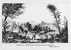 A printed drawing of several figures looking out over Cambuslang Park at the time of the Wark. Caption: Cambuslang - Scene of the Out-Door Religious Services