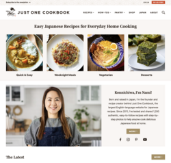 Home page of Just One Cookbook with images of Japanese dishes and Namiko Hirasawa Chen, the creator of the food blog