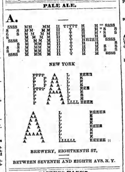 A portion of the Brooklyn Daily Eagle, 6 January 1875, showing an advertisement made from typewriter art.