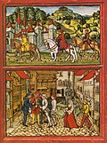 fol. 206r; Gian Maria Sforza of Milano, bishop of Genoa, travels to Zurich to hire mercenaries; Jörg Supersaxo, a traitor bribed by the Milanese, is arrested at the fish market of Lucerne.