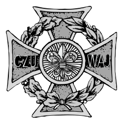 A Maltese cross with a wreath, the left half of oak and the right half of laurel leaves.; a circle at the center with rays like the sun and the Scouting fleur-de-lis; the arms bear C Z U and W A J— czuwaj is Polish for watch, the Polish Scout motto.
