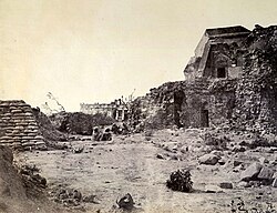 The Jantar Mantar observatory in Delhi in 1858, damaged in the fighting