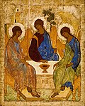 The Trinity by Russian icon painter Andrei Rublev, early 15th century: this portrayal of the three angels who visited Abraham at the Oak of Mamre (Genesis 18:1-8)