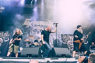 Exhorder performing at Turok Open Air in Germany, 2018. L–R: Jason VieBrooks, Kyle Thomas, Vinnie LaBella