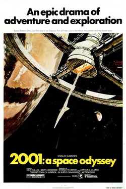 A movie poster: at the top, "An epic drama of adventure and exploration" in black block letters against a white background; below, a painted image of a space station suspended in space, with the Earth in the background; at the bottom, a black band, over which the title "2001: a space odyssey" appears in yellow block letters.