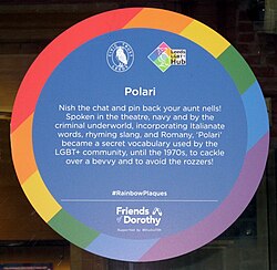 A circular rainbow-coloured plaque with text about Polari