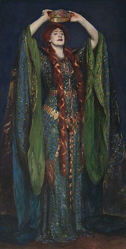 Painting by John Singer Sargent of White woman holding gold crown aloft, dressed in magnificent iridescent green medieval gown designed by Alice Comyns Carr and covered in green beetle wings