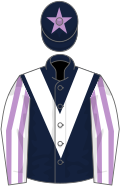 Dark blue, white chevron, white and mauve striped sleeves, dark blue cap, mauve star