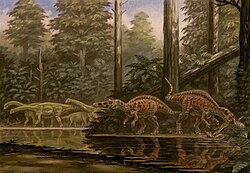 Speculative drawing in muted colors of several dinosaurs (two theropods in the foreground and several sauropods in the background) near a body of water in a forest