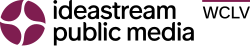 The Ideastream symbol, a circle divided into four pieces by a star shape, in burgundy. To the right, on two lines, the words "ideastream" and "public media" in black in a rounded sans serif. Next to that, in the upper right, black letters W C L V with a burgundy line above them.