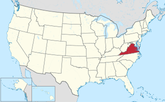 Virginia is located on the Atlantic coast along the line that divides the northern and southern halves of the United States. It runs mostly east to west. It includes a small peninsula across a bay which is discontinuous with the rest of the state.