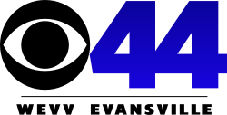 The CBS logo next to a blue 44 with a thin line and the words "W E V V Evansville" beneath.