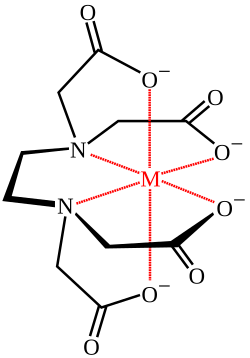 a chemical diagram of [CH2N(CH2CO2-)2]2 (shown in black) with the four O-tails binding a metal ion (shown in red).