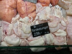 Raw cod tongue (Norwegian: torsketunger) at a fish market