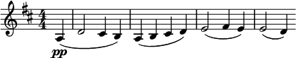  \relative c' { \clef treble \numericTimeSignature \time 4/4 \key d \major \partial 4*1 a4\pp( | d2 cis4 b) | a( b cis d) | e2( fis4 e) | e2( d4) } 