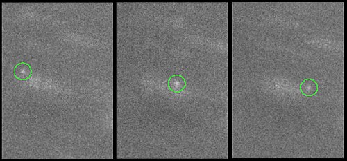 A gallery of three shifted-and-added composite images placed side by side, showing Halimede as a faint dot moving against trailed background stars
