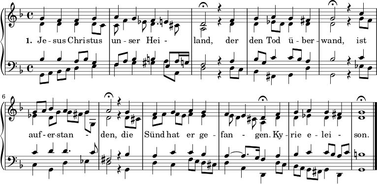 
{ \new PianoStaff <<
  \new Staff <<
    \new Voice \relative c'' { \set Staff.midiInstrument = "church organ" \set Score.tempoHideNote = ##t \tempo 4 = 64 \voiceOne \clef treble \key g \dorian \time 4/4
     g4 f f g | a g f e | d2\fermata r4
     f4 | g a g fis | g2\fermata r4
     c4 | g8 a bes4 a g | a2\fermata r4
     g4 | f g a g | f e d\fermata
     f4 | g a g fis | g1\fermata \bar "|." }
     \addlyrics { \set stanza = "1. " Je -- sus Chri -- stus un -- ser Hei - land,
der den Tod ü -- ber -- wand,
ist auf - er -- stan - den,
die Sünd hat er ge -- fan - gen.
Ky -- rie e -- lei - son.  }
    \new Voice \relative c' { \voiceTwo d4 d d d8 c | c f4 es8 d4. cis8 | a2 r4
    d4 | d es8 d d4 d | d2 r4
    g8 f | es4 d8 g g[ fis] g g, | d'2 r4 
    d8 cis | d[ f] f e f4 e | e8 d4 cis8 a4 
    d4 | d es d d | d1 }
  >>
  \new Staff <<
    \new Voice \relative c' { \set Staff.midiInstrument = "church organ" \clef bass \key g \dorian \time 4/4 \voiceOne 
    bes4 bes a8 bes g4 | f8 a bes4 b e,8 a16 g | f2 r4
    a4 | bes8 g c4 c8 bes a4 | bes2 r4
    c4 | c d d4. c8 | fis,2 r4
    bes4 | a c c bes | a~ a8. g16 f4
    a | bes c c8[ bes] a c | b1 }
    \new Voice \relative c { \voiceTwo g8[ a] bes c d4 e | f g gis a8 a, | d2 r4
    d8 c | bes4 fis g d' | g,2 r4
    es'8 d | c4 g d' es | d2 r4
    g,4 | d' c f8[ e] d cis | d4 a d,
    d'8 c | bes[ a] g fis g4 d | g1 }
   >> >> }
