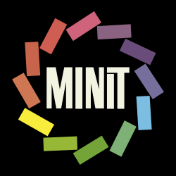 logo of the company: a circle of rectangles of various colors around blocky light tan text reading "Minit". The background is black.