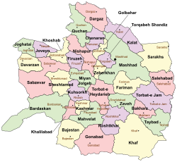 Location of Mashhad County in Razavi Khorasan province (top right, green)