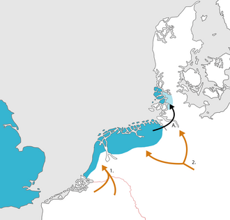   Position of North Sea Germanic dialects (Old English & Old Frisian) directly following the migration period.   Linguistic expansion of Old Frankish (1.) and Old Saxon (2.).   10th/11th century migration of (Ems) Frisian speakers to the North German mainland (A.)