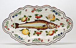 Polychrome majolica dish with paintings of a fish, flowers, and fruit, Lodi, Italy, 1751