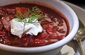 Borscht with sour cream and dill
