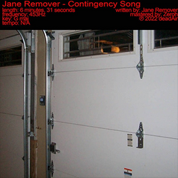 A garage interior with red text consisting of information about the song's release placed atop a black bar