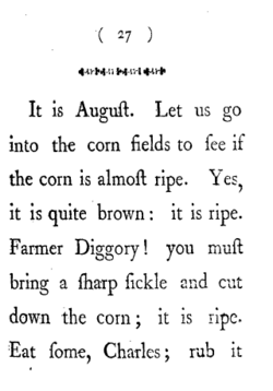 Page reads: "It is August. Let us go into the corn fields to see if the corn is almost ripe. Yes, it is quite brown: it is ripe. Farmer Diggory! you must bring a sharp sickle and cut down the corn; it is ripe. Eat some, Charles; rub it "