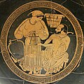 A prostitute putting on her himation in front of her client. The lyre shows that she is a musician called for a banquet. Tondo of an Attic cup with red figures. Euphronius v. 490 BC, British Museum.