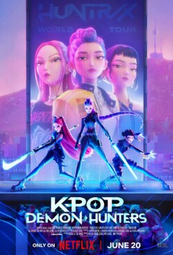 On a platform, the members of Huntrix (from left to right: Mira, Rumi, and Zoey) stand on a stage, dressed as demon hunters and holding combat weapons. A large digital banner appears behind them, showing them in their normal outfits promoting the band's world tour. Under the platform they stand on, demons are held back by the Honmoon. The skyline of Seoul, including the N Seoul Tower, is seen in the background.