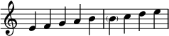 {
\override Score.TimeSignature #'stencil = ##f
\relative c' {
\clef treble \time 5/4
e4 f g a b
\time 4/4
\parenthesize b c d e
} }
