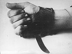 The srbosjek ("Serb cutter"), a special knife worn over the hand that was used by the Ustaše for the quick slaughter of inmates, notably in the Jasenovac concentration camp in the Nazi puppet Independent State of Croatia.