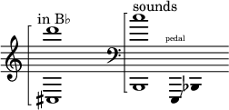 {
\new Staff \with { \omit Score.TimeSignature }
\clef treble \key c \major
\cadenzaOn \omit Stem
s4 ^ \markup "in B♭"
\arpeggioBracket <cis d'''>1 \arpeggio
\once \hide r1
\clef bass
\arpeggioBracket <b,, c''>1 \arpeggio
^ \markup "sounds"
e,,4 \finger \markup \text "pedal" \glissando bes,,4 s
}