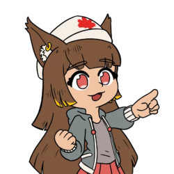 The Anubis mascot drawn from the waist up, facing left of the viewer, smiles and points ahead of her. She has large pink-ish eyes and a slightly cleft upper lip. Her brown hair flows out of the frame and has gold-tipped bangs. She has fluffy jackal ears with one gold earring and a white cap with the Canadian maple leaf on it. Her gray hoodie is unzipped over a gray shirt and a pink skirt.