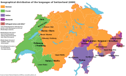 Language distribution in Switzerland by the year 2000. Romandy is shown in green.