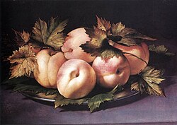 Giovanni Ambrogio Figino, Metal Plate with Peaches and Vine Leaves (1591–94), panel, 21 × 30 cm, his only known still life