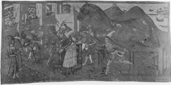 A gathering of figures in the sack of Troy, as named in a image and caption.