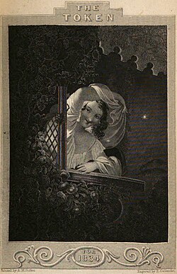 Black and white engraving of a white woman in a white dress on a balcony with the title and date of the book above and below