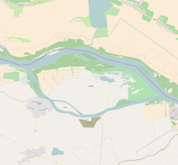 The image shows Belene Island, which is an island located along the Danube riverine border between Bulgaria and Romania.