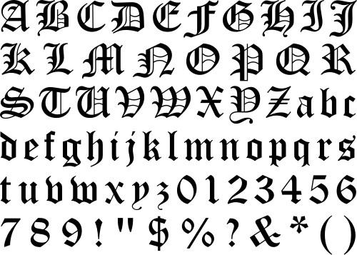 Modern interpretation of blackletter script in the form of the font "Old English" which includes several anachronistic glyphs, such as Arabic numerals, ampersand (instead of Tironian et) and several punctuation marks, but lacks letter alternatives like long ⟨s⟩ and ⟨r⟩ rotunda, scribal abbreviations and ligatures, and contains several relatively modern versions of letters such as ⟨x⟩, which is confusable with the letter ⟨r⟩.​​​