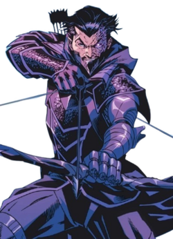 A scarred Malcolm Merlyn in his Dark Archer costume draws his bow with his cybernetic arm.