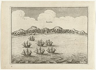 Sketch of Batavia, its harbor with ships, and hills in the background