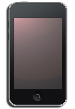 Front view of a rectangular mobile device with rounded corners. The front is black with a blank screen and is surrounded by a metallic silver edge a button protruding slightly from the top. A round concave button with a grey square is below it.
