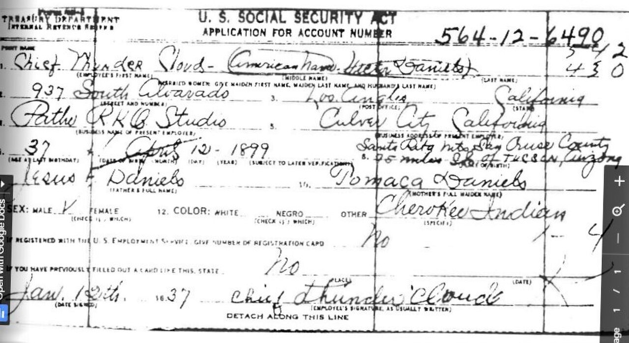 Victor Daniels ("Chief Thunder Cloud") Social Security Application.jpg