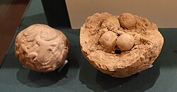 Two clay bullae, one complete with a seal impression on its surface, the other broken with the tokens visible. Oriental Institute Museum, Chicago.