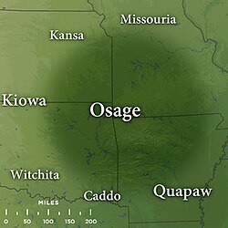 Map featuring traditional Osage influenced lands of the late 17th century; superimposed over present-day northwest Arkansas, southeast Kansas, southwest Missouri, and northeast Oklahoma